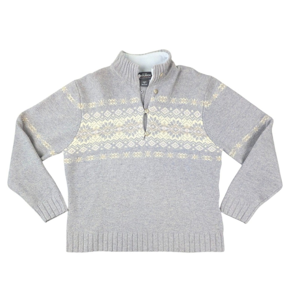 Woolrich Womens XL Lavender Wool Fair Isle Quarter Button Mock Neck Sweater